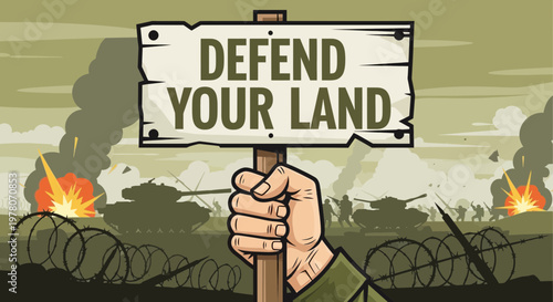 Defend Your Land Sign Held by Soldier in Wartime Background with Tanks and Explosions