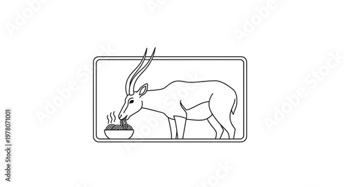 Stylized Antelope Eating from Bowl, Minimalist Line Art, Vector Illustration