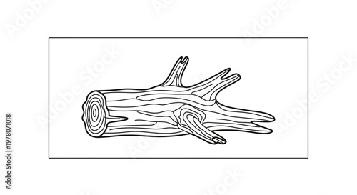 Stylized Black and White Illustration of a Gnarled Tree Stump with Branches