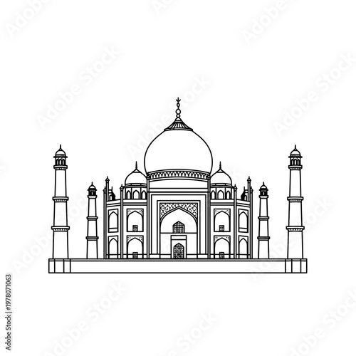 Taj Mahal Line Art Icon Indian Landmark Mughal Architecture Vector Illustration