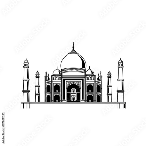 Taj Mahal Line Art Icon Indian Landmark Mughal Architecture Vector Illustration