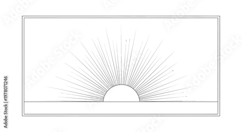 Sunrise Bursting Over Horizon, Radiant Sun Rays, Minimalist Line Art