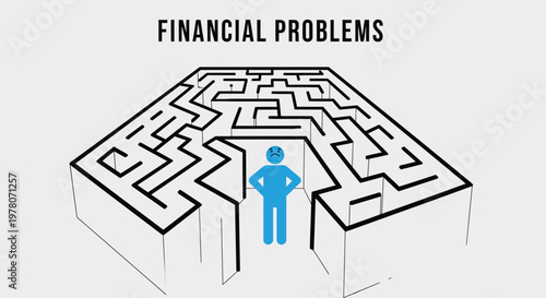 Financial Problems Maze - Person Stuck, Seeking Solution, Business Challenge