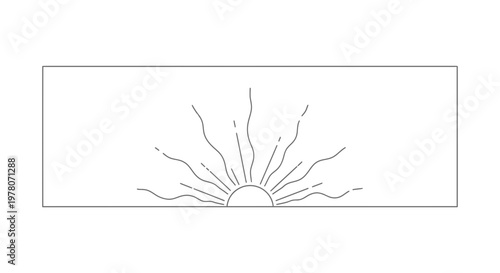 Sunrise Graphic Element: Stylized Sunburst with Rays Over Horizon Line