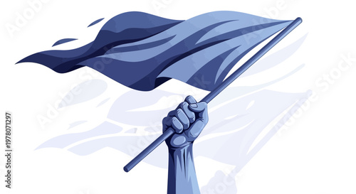 Fist holding a waving blue flag, symbol of protest, revolution, and freedom