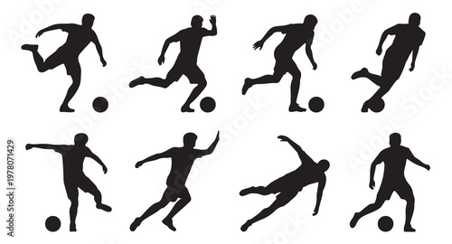 Silhouette collection of soccer players kicking ball on white background.