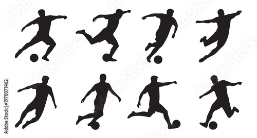 Dynamic soccer player silhouettes kicking ball isolated on white background.