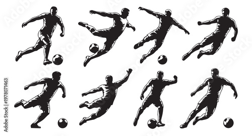 Soccer player silhouettes set featuring various dynamic poses for football sports design.