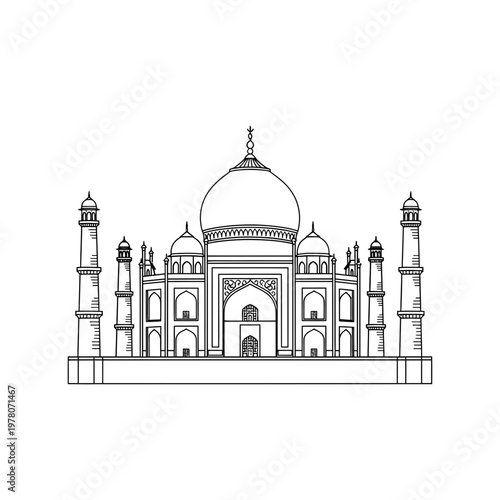 Taj Mahal Line Art Icon Indian Landmark Mughal Architecture Vector Illustration