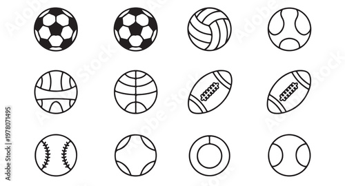 Minimalist sports ball vector set with football soccer tennis and basketball line icons.