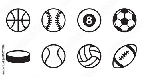 Collection of sport balls and puck for design isolated on white background set of icons.
