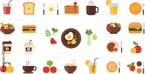 Breakfast Meal Set Featuring Pancakes, Toast, Eggs, Coffee, Juice, Fruit, and Healthy Salads for Nutrition, Morning Meals, and Food Illustrations