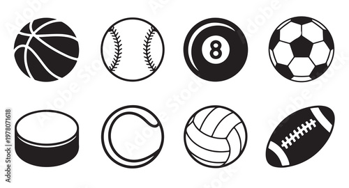 Collection of sport balls and puck for design isolated on white background set of icons.