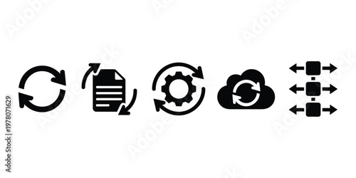hand-drawn synchronization and workflow icon set, doodle style vector illustration, featuring cloud sync, document exchange, gear automation, process cycles, data flow, and task management, isolated
