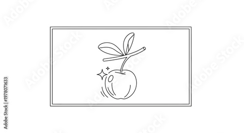 Simple Line Drawing of a Fresh Cherry with Leaves and Sparkles