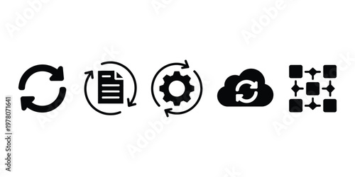 hand-drawn synchronization and workflow icon set, doodle style vector illustration, featuring cloud sync, document exchange, gear automation, process cycles, data flow, and task management, isolated