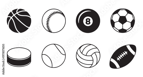 Collection of sport balls and puck for design isolated on white background set of icons.