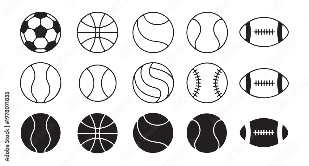 Obraz premium Vector sports equipment icons in outline and flat black style for website and mobile app.