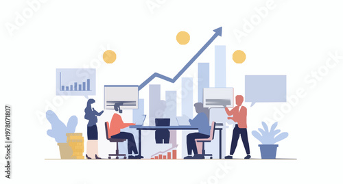 Business startup growth concept illustration with team working on financial success strategy and profit analytics vector design
