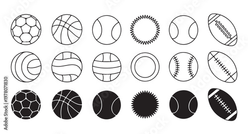 Minimalist sports ball line icons and silhouettes including soccer basketball and tennis.