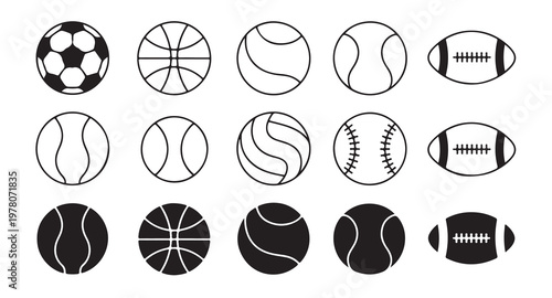 Vector sports equipment icons in outline and flat black style for website and mobile app.
