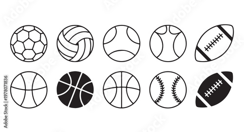 Sports ball outline and silhouette set featuring basketball volleyball soccer and rugby.