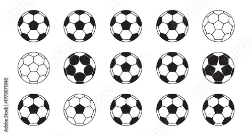 Collection of soccer ball patterns and pentagon styles in black and white vector format.