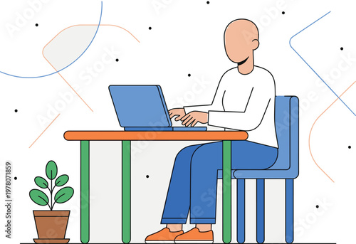 Illustration of Professional working remotely at home with laptop and headset surrounded by wind turbines