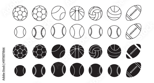 Sport ball icons vector set in flat design with various shapes and outlines for game symbols.