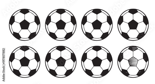 Soccer ball icons vector set in flat design with classic black and white patterns for sport.