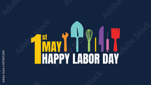 Brightly colored tools symbolize labor day celebration. Bold font announces the date with festive energy. Simple graphic design ideal for workplace events