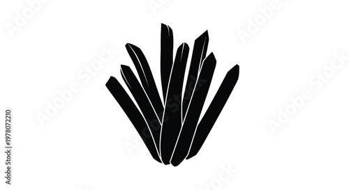 A simple black silhouette depicts a cluster of upright blade like shapes resembling vegetation high quality