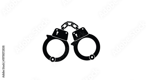 A stark black silhouette depicts a pair of closed handcuffs symbolizing restraint and legal authority
