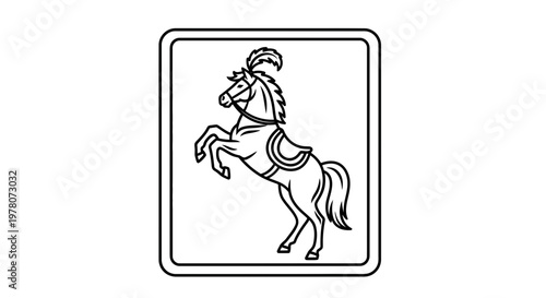 Rearing Horse with Feathered Mane and Saddle in Square Frame