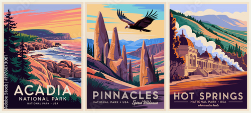 Vibrant vintage travel posters capture iconic American landscapes. Sunset bathes coastlines, peaks, and steamy springs in warm hues. Eagle soars above jagged cliffs, symbolizing freedom