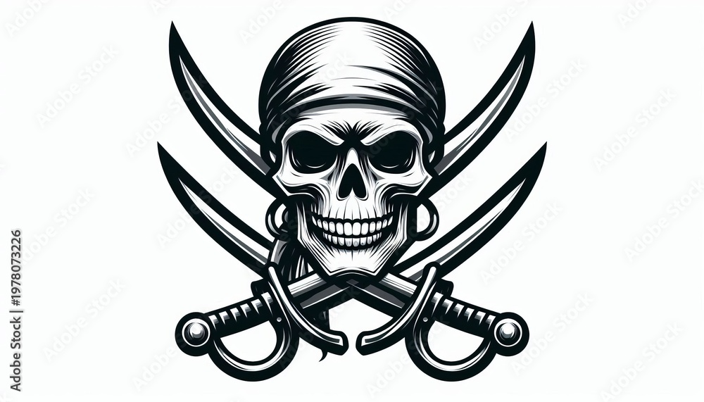 Fototapeta premium The logo features a pirate skull holding two swords, against a white background