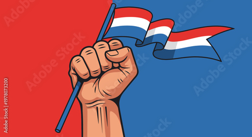 Fist holding Dutch flag, red and blue background, symbol of patriotism and revolution