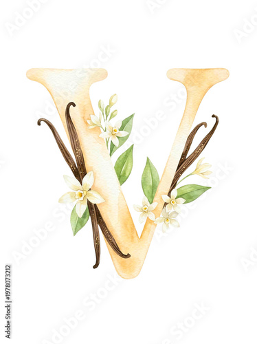 Watercolor letter V with vanilla beans and flowers