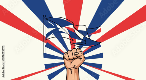 Fist holding flag, patriotic, revolution, protest, freedom, red, white, blue