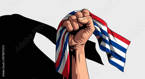 Fist holding flag, symbol of protest, revolution, patriotism, freedom, independence