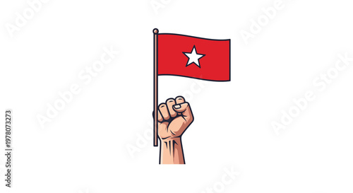 Fist Holding Red Flag with White Star, Symbol of Revolution and Protest