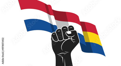 Fist raised with Dutch and Indonesian flags, symbol of independence and freedom