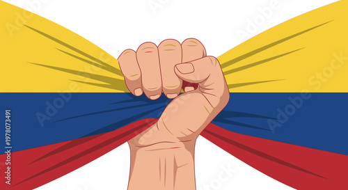 Fist raised, tearing Colombian flag, symbol of protest and revolution