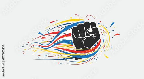 Fist Symbol, Abstract Colorful Waves, Protest Power, Revolution Concept