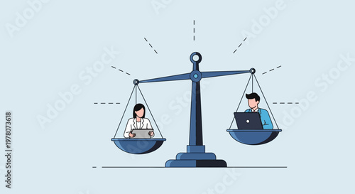 Gender Equality in Workplace: Scales Balancing Man and Woman with Laptops