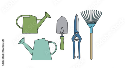 Gardening Tools Set: Watering Cans, Trowel, Pruner, Rake - Isolated