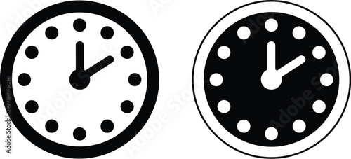 Clock icon set, simple black and white vector illustrations of clocks for time, schedule, and interface design.