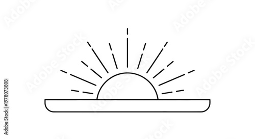 Minimalist Sunrise Icon: Sun Rising Over Horizon Line with Light Rays