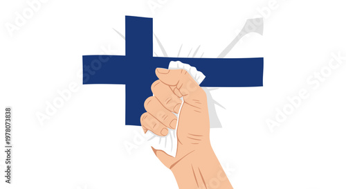 Hand crumpling Finnish flag, concept of protest or change