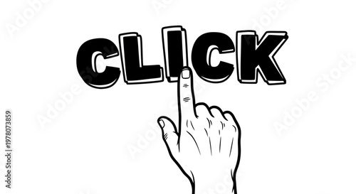 Hand Cursor Clicking the Word CLICK on White Background - Vector Illustration